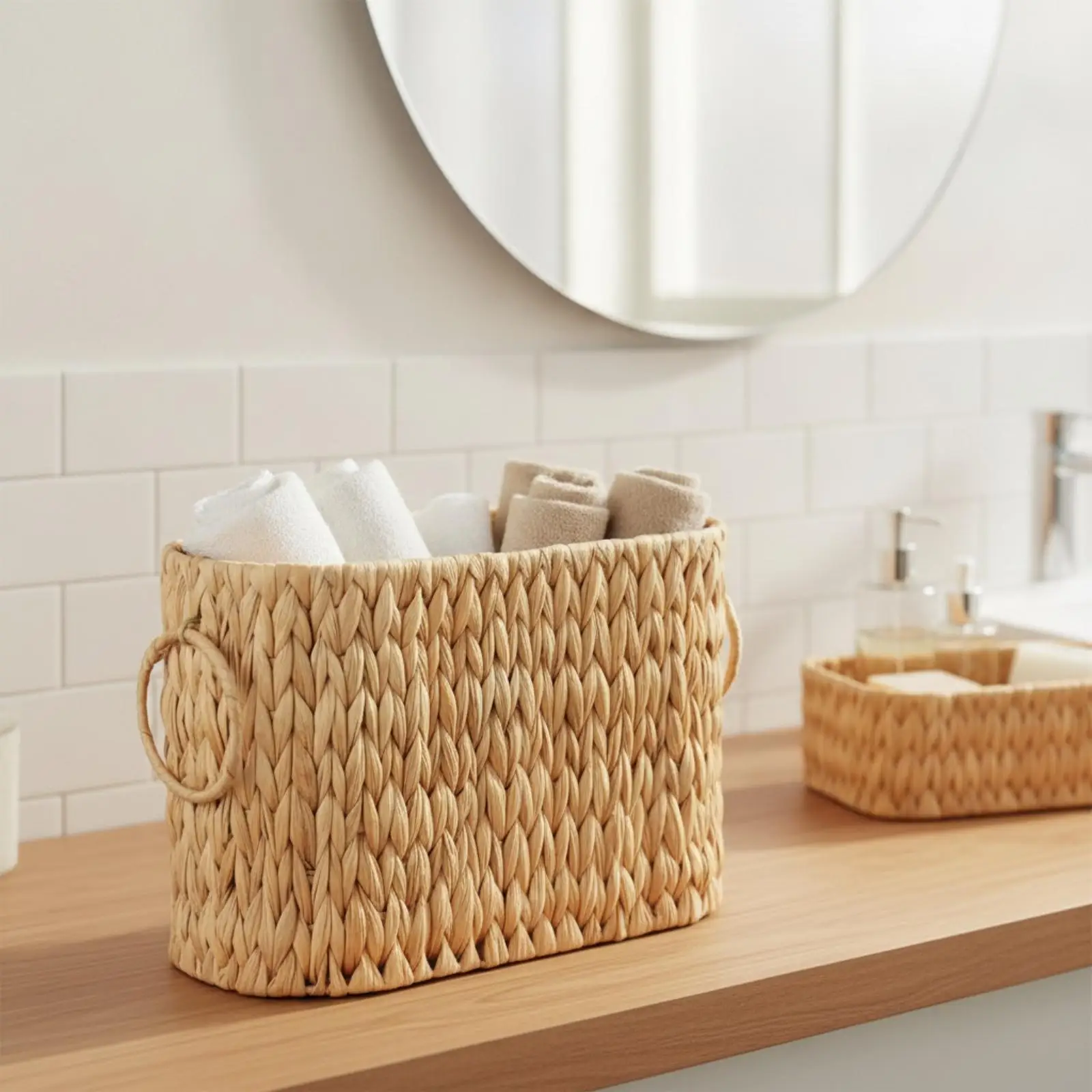 Rectangular Storage Basket Braided Grass Basket with Handles Open Top for Home Organization