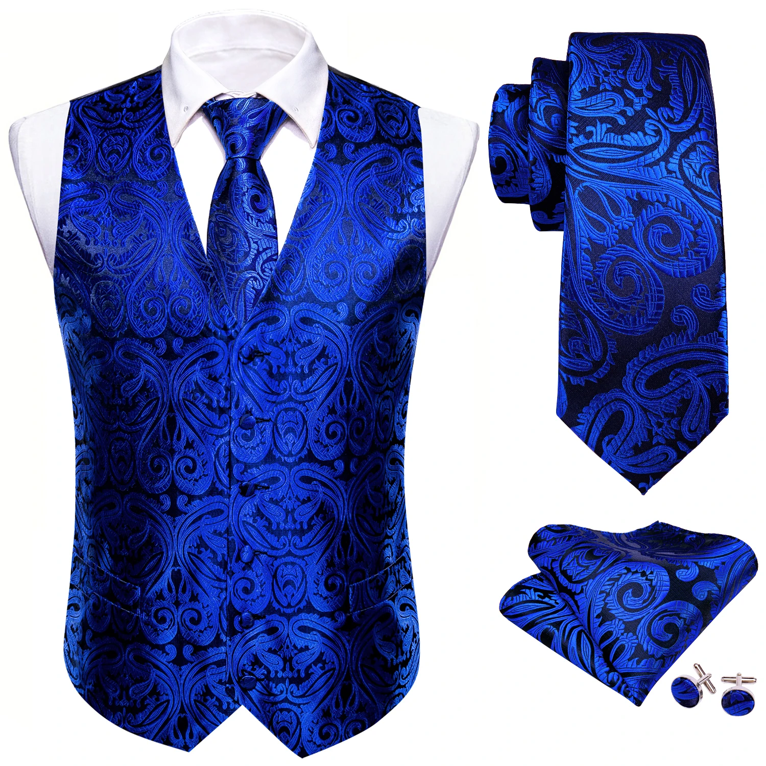 Royal Blue Paisley V-Neck Vest 4-In-1 Set Tie Square Cufflinks For Wedding Guest Corporate Reception