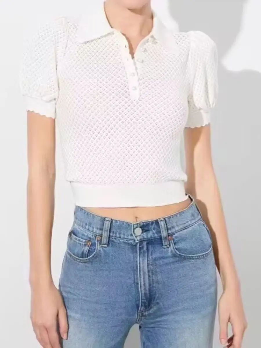 

Women Hollow Out White Sweater Turn-down Collar Puff Sleeve Sweet Knitted Pullover