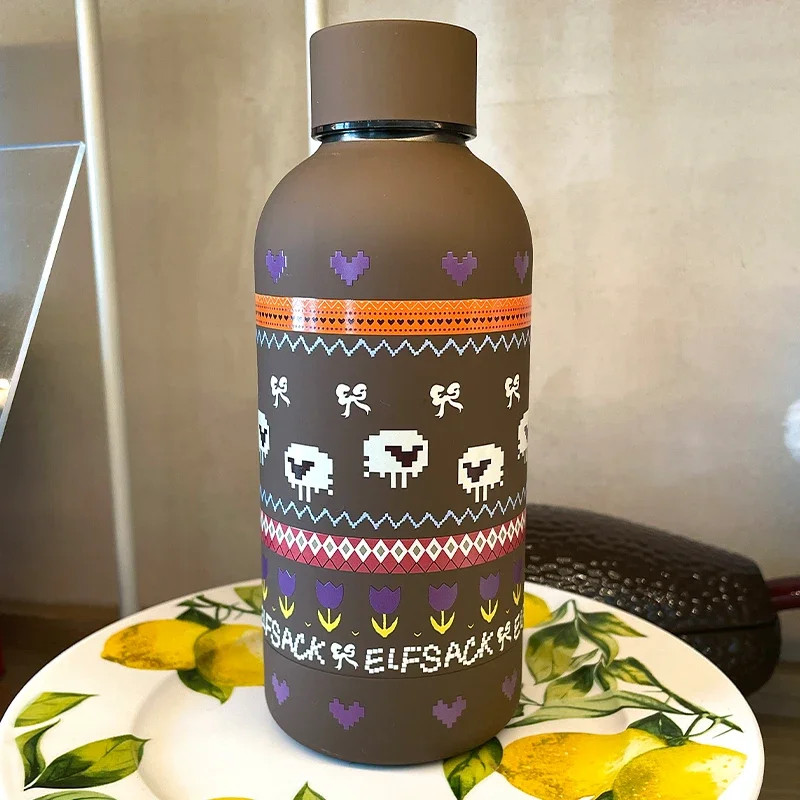 ELFSACK Stylish Insulated Water Bottle with Folk Graphic Print, Portable Leak‑proof Drinking Cup, Chic Accessory