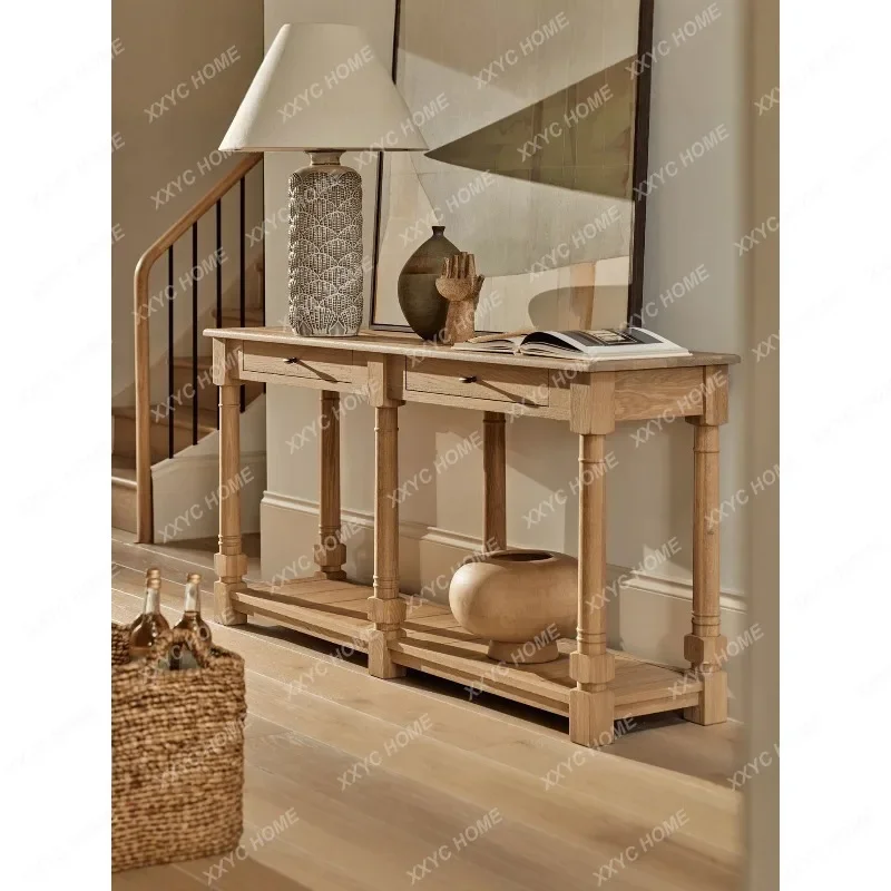 Retro solid wood entrance table, log style all-in-one partition, sofa back, entrance table, storage rack