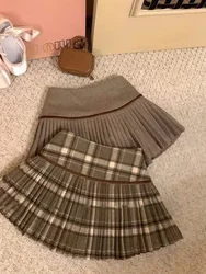 Vintage Plaid Pleated Skirts Women Y2K Autumn Winter Preppy Faux Woolen Mini Skirts Female High Waist Sweet Blended Skirts New