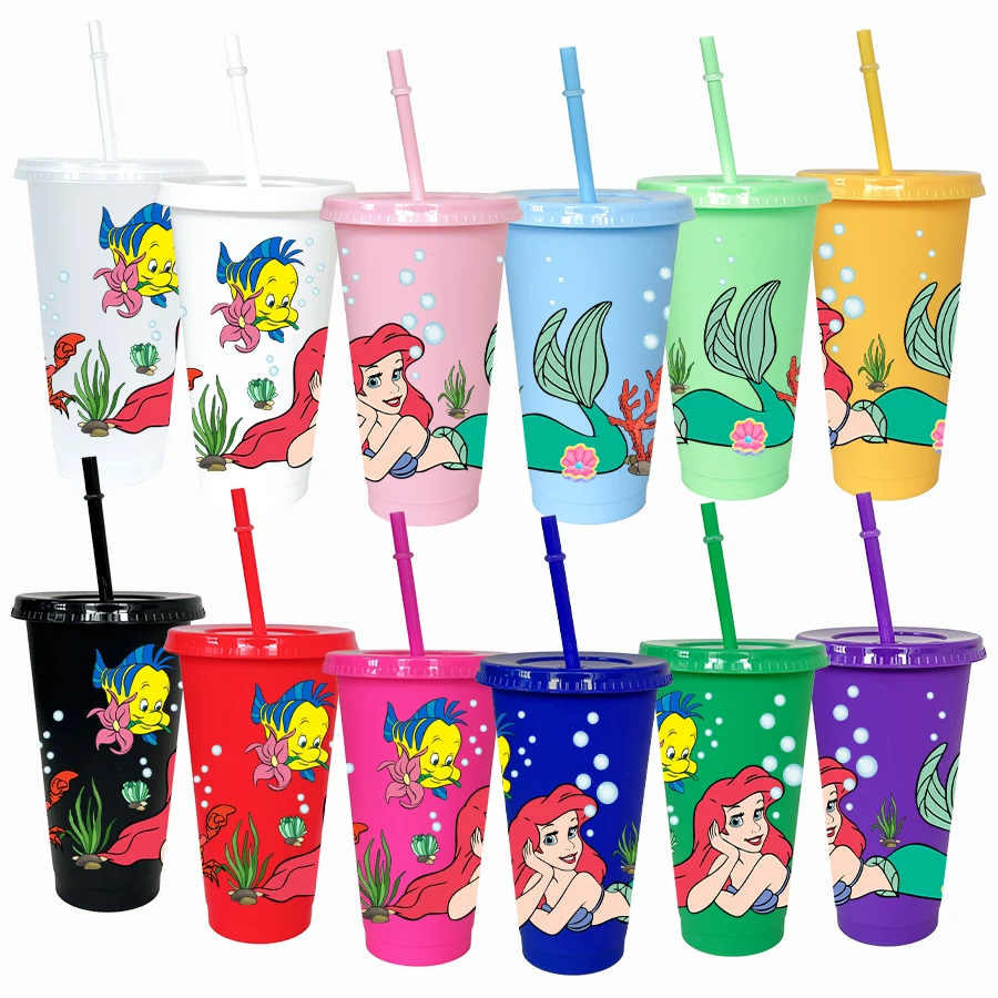 12 قطعة/الحزمة ديزني، حورية البحر، فقاعة 26 أونصة متعددة الألوان كوب ماء بلاستيكي مجموعة مشروبات الحفلات هدية عيد ميلاد/العودة إلى المدرسة