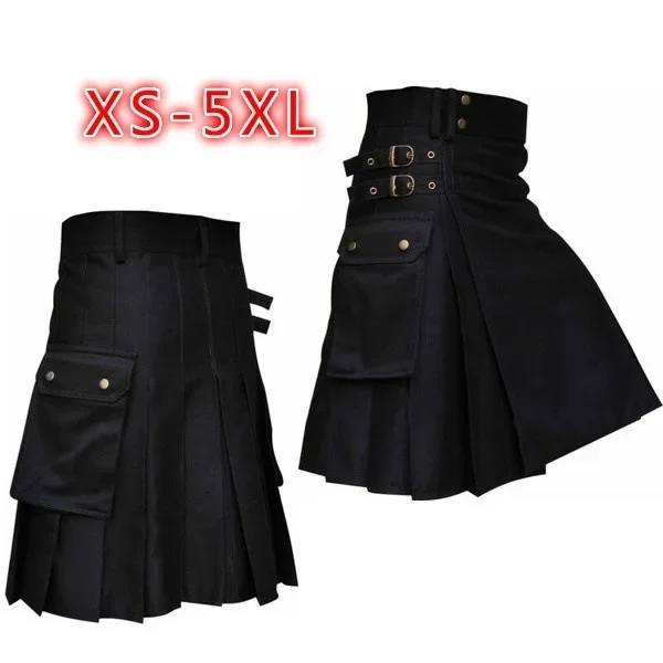 Men Half Skirt New Scottish Festival Men's Solid Color Pocket Pleated Skirt