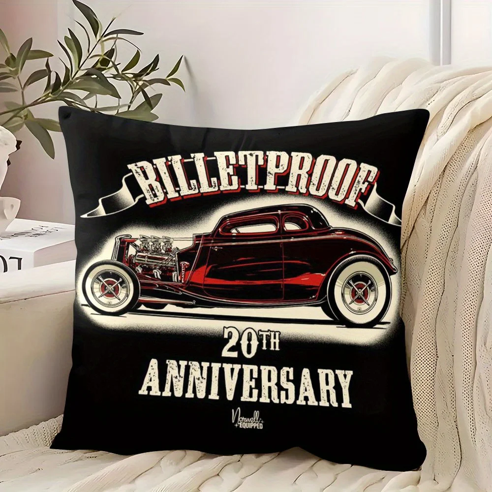 1pc Vintage Hot Rod Pillow Cover 45x45cm – Retro Red Car, 