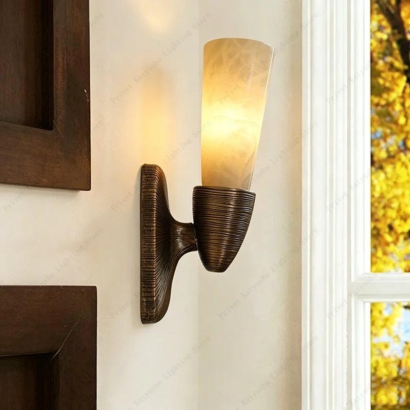 Elevate Your Bedside with Antique Brass Alabaster Wall Sconce Lamp, High-end Marble Wall-mounted Lighting for Hallway Bathroom