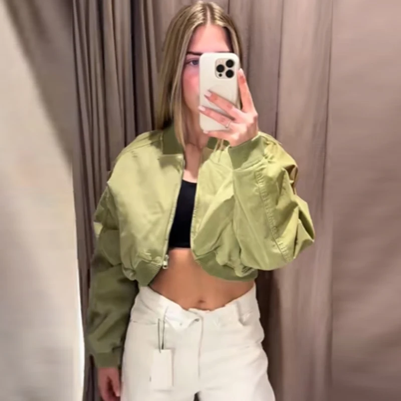 HXAO Crop Grüne Jacken Damenjacke Frühling Sommer 2026 Lässige Langarm-Reißverschluss-Collegejacke Outdoor Streetwear Mäntel – Detail 7