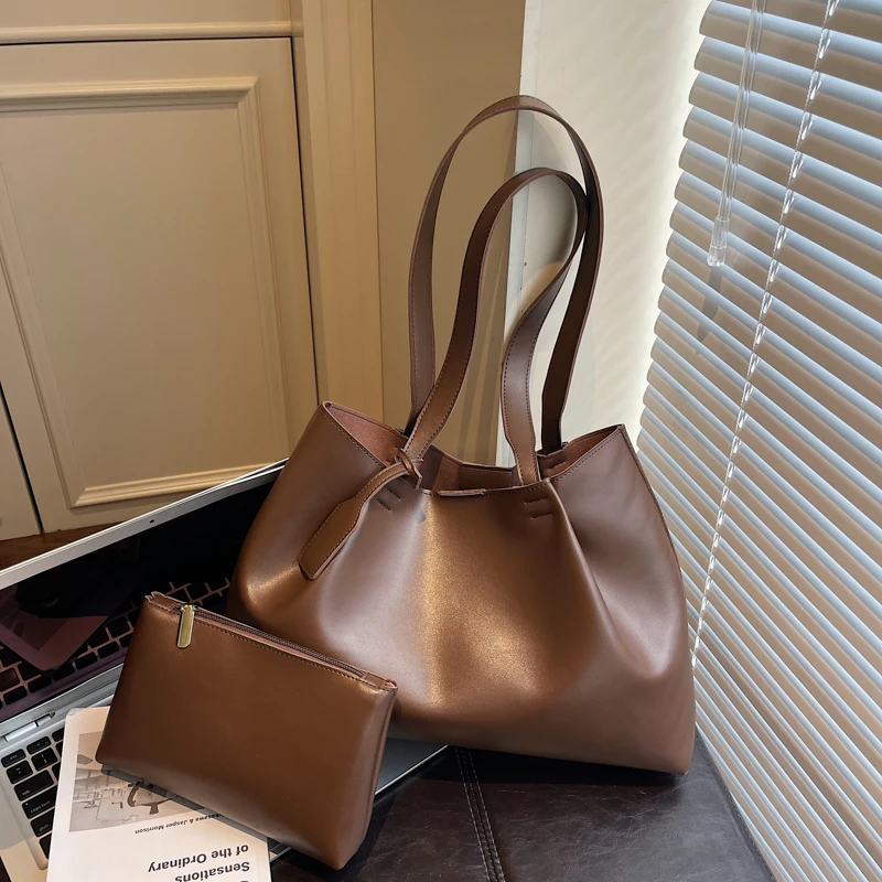 2026 New Simple Fashion Tote Bags PU Zipper Large Capacity Shoulder Bags Sewing Thread Popularity Versatile Design Bags