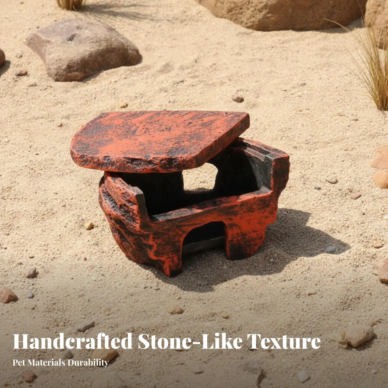 Reptile Hide Cave for Terrarium with Suction Cup Mount Removable Lid Stone Texture for Gecko Lizard Pet Enclosure Shelter
