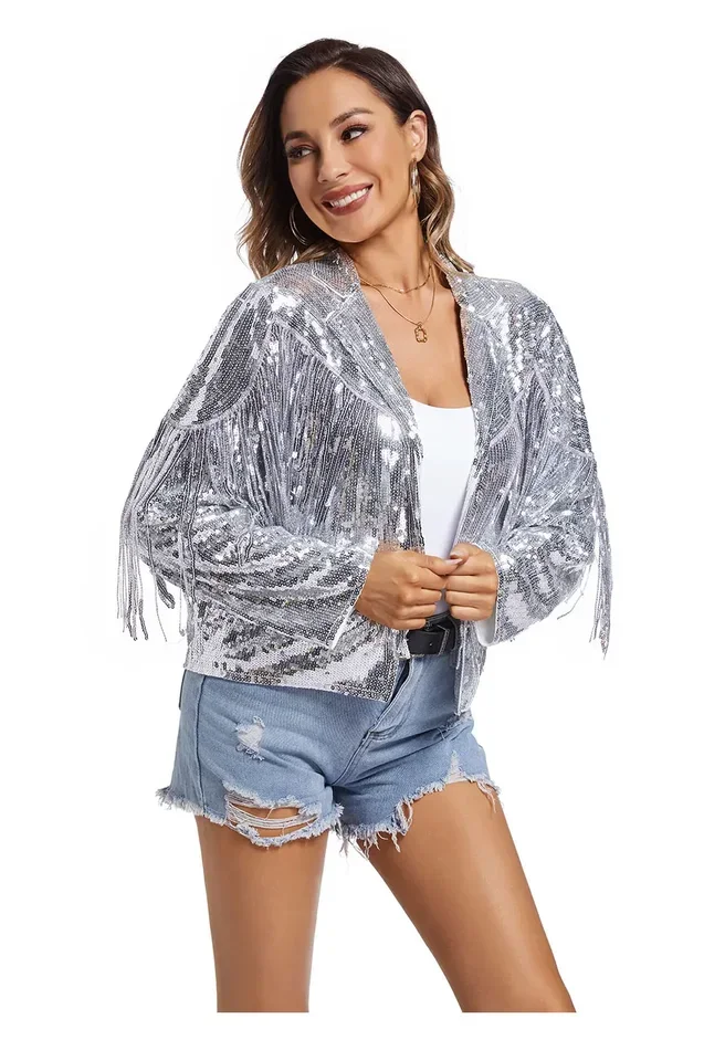 Женская куртка с бахромой и блестками, блестящее пальто для дискотеки, винтажный блестящий наряд с длинными рукавами и кисточками