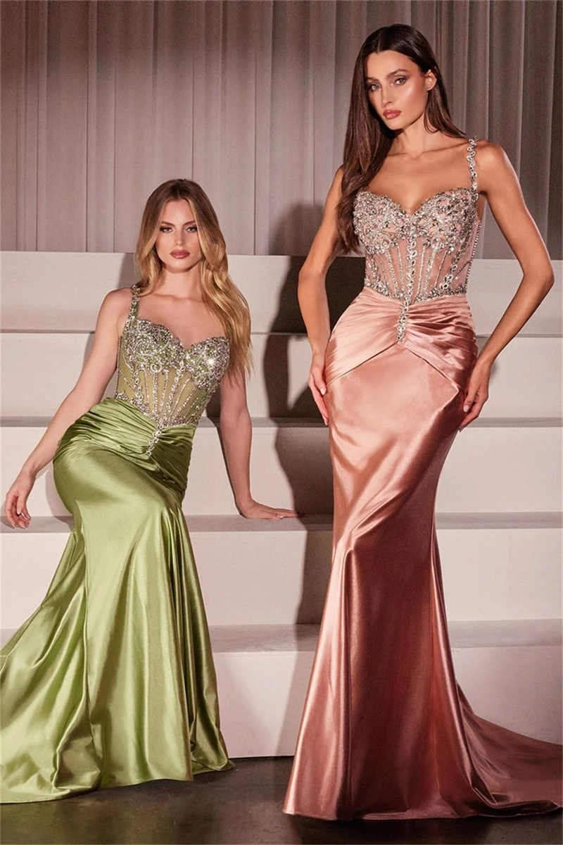 Sweetheart Neck Crystal Embellished Satin Mermaid Evening Dress Soft Stretch Fabric Wedding Guest Formal Party Gown For Women - Image 2
