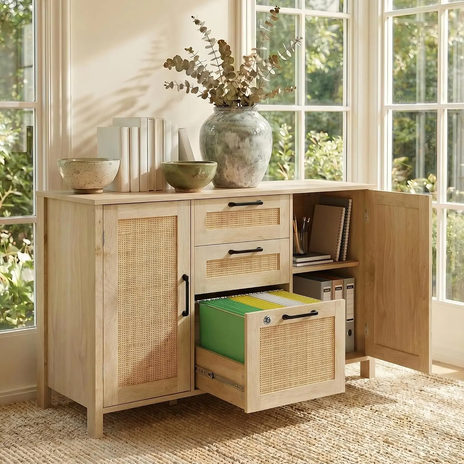 3 Drawer Lateral File Cabinet with Lock, Rattan Storage Cabinet with Printer Stand for Home Office Files, Wood, Customized