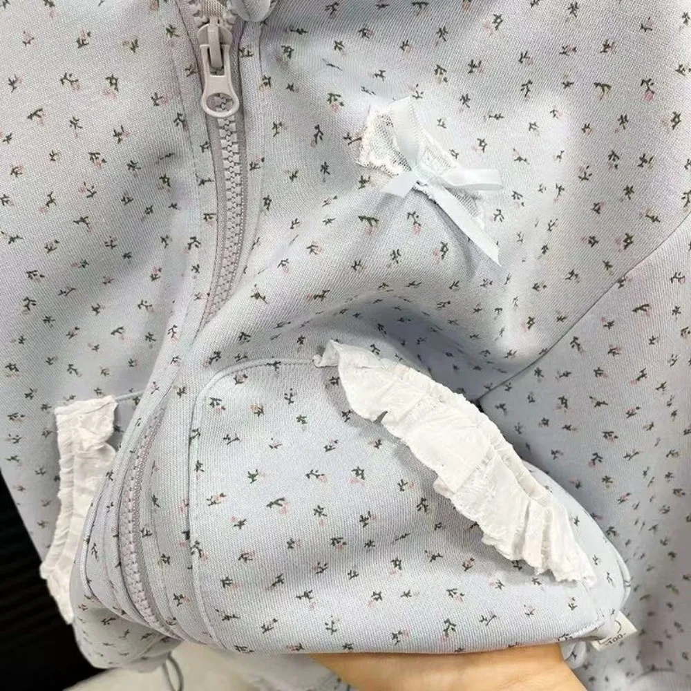 Fashion Casual Jackets Pants Set Long-sleeved Floral Print Zipper Coat Warm Hooded Clothing Autumn