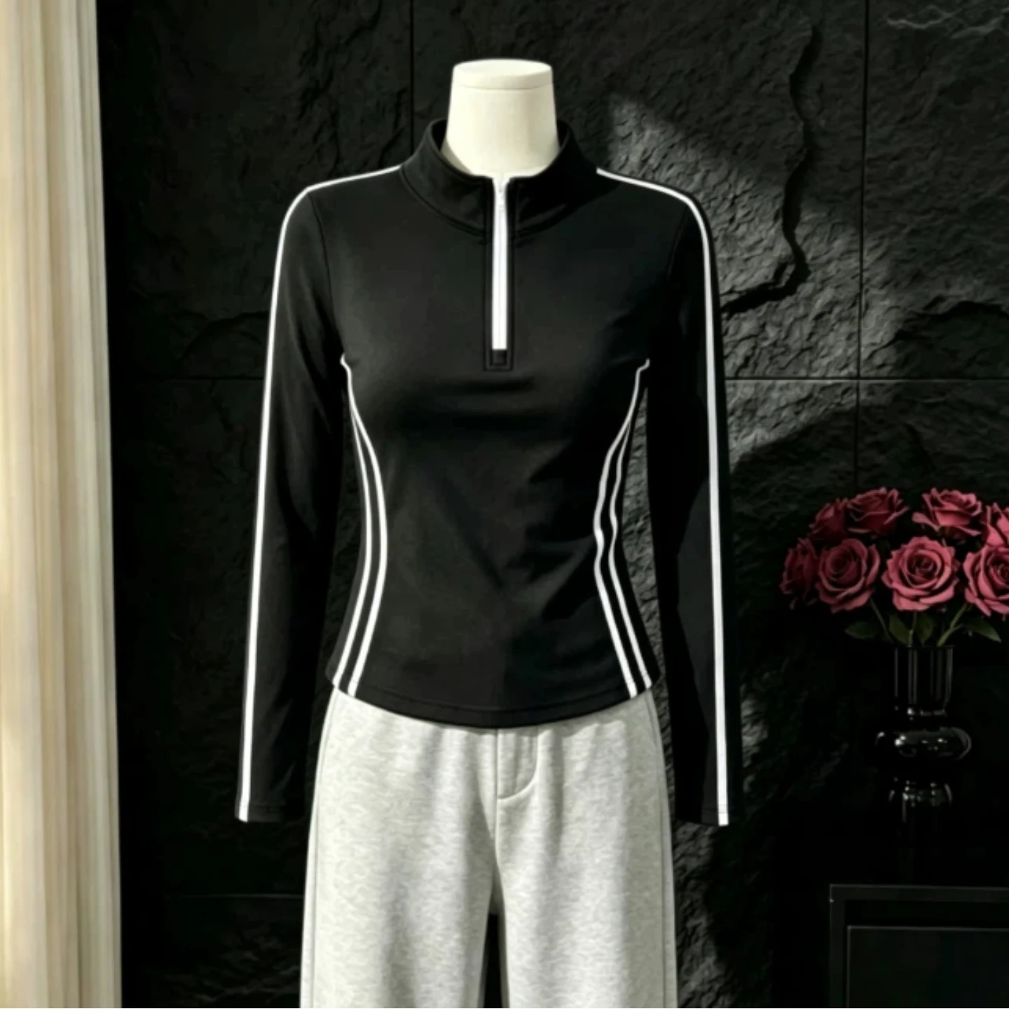 Retro Sport Casual Style Long Sleeve T-Shirt Women's Fashion Slim Fit Stand Collar Half Zip Top Spring Autumn New Arrival