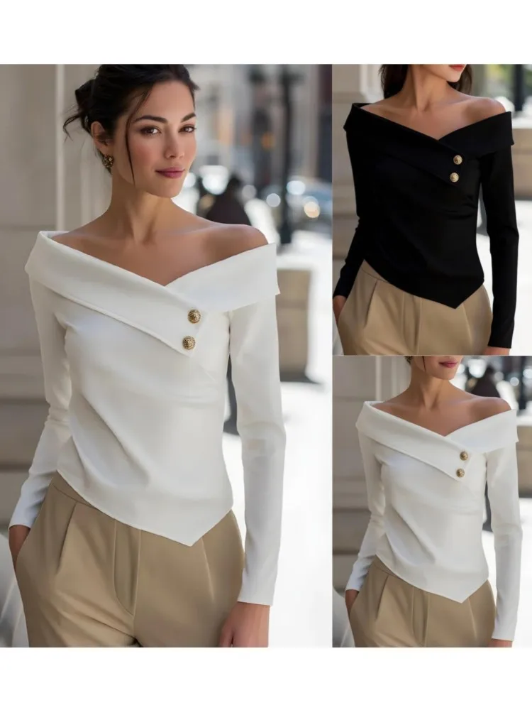 Female Elegant Foreign Style One-line Collar Top Fashion Button Design Spring Summer Temperament Versatile Shirt Ladies Blouses