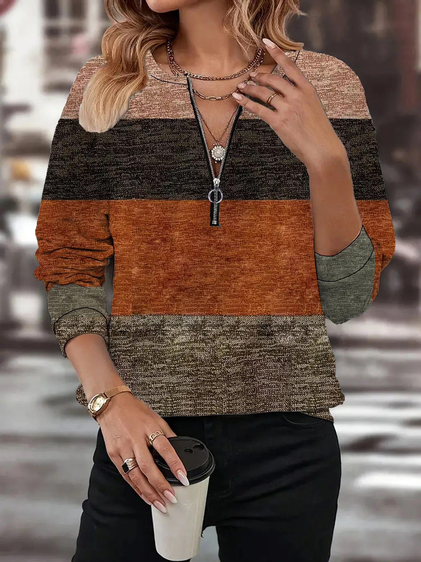 

Полосатая футболка с длинным рукавом и геометрическим рисунком, повседневные женские модные свободные женские футболки, осень-зима, большие размеры с v-образным вырезом на молнии, топы больших размеров