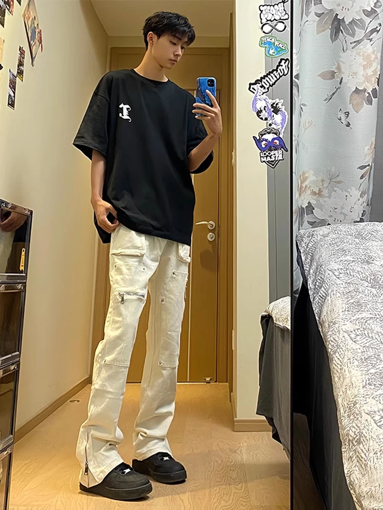 

American High Street Vibe Trousers Youthful Energy Denim Straight Leg Elastic Multi-ket Wear-Resistant Summer Casual Pants