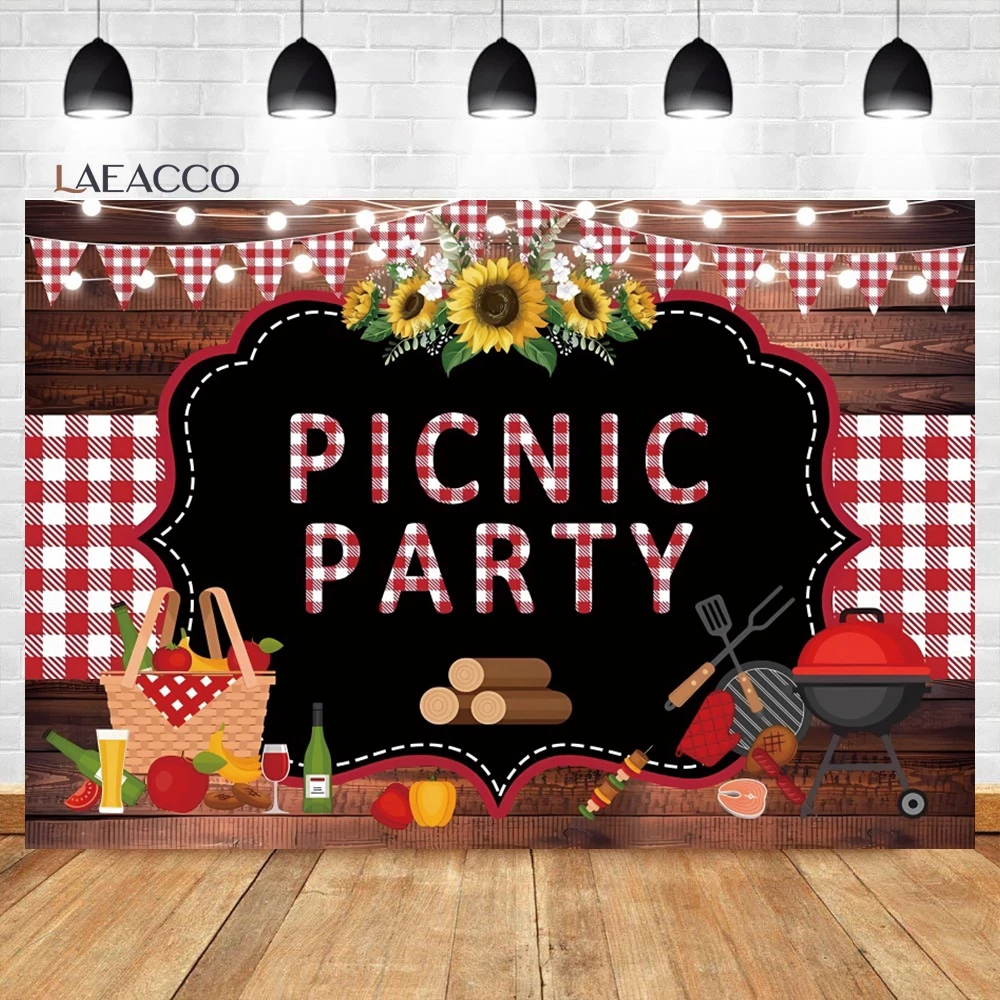 

Laeacco Picnic Birthday Party Backdrop BBQ Rustic Wood Red Gingham Kids Adult Summer Park Decor Portrait Photography Background
