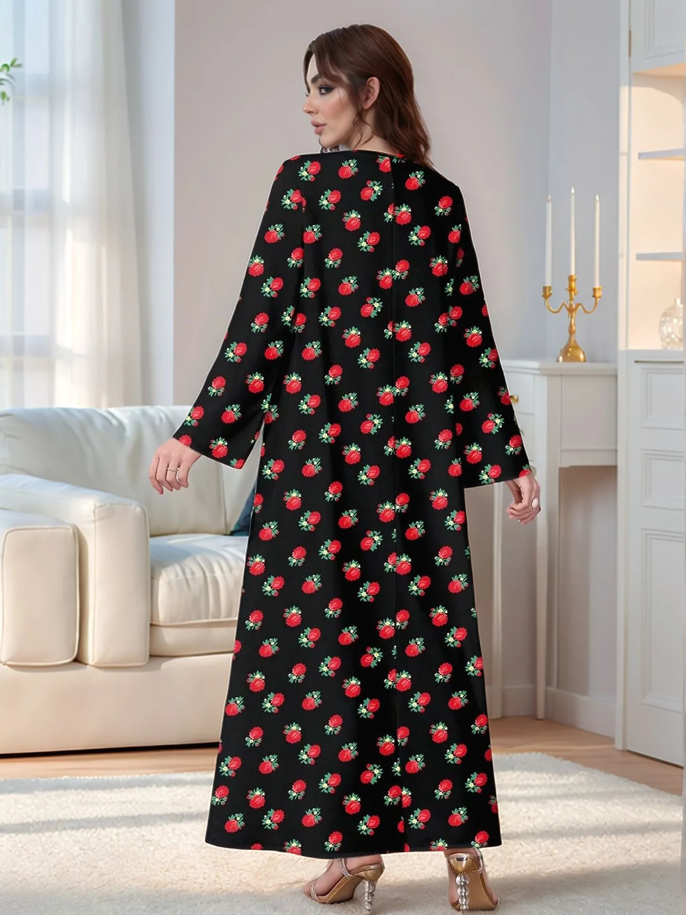 Eid Women Print Dress Muslim Abaya Flower Print V Neck Vestidos Largos Kaftan Arab Long Robe Jalabiya Ramadan Long Dresses 2025 5