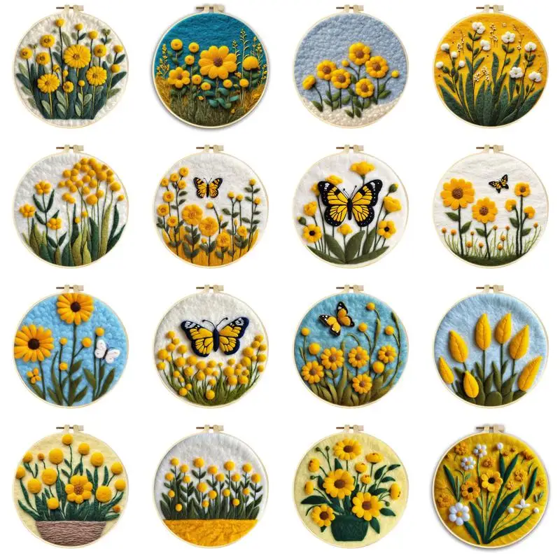 

CHENISTORY Diy Wool Felting Kit With Embroidery Frame Yellow Flowers Pattern Craft Set For Beginners Perfect For Home Decor