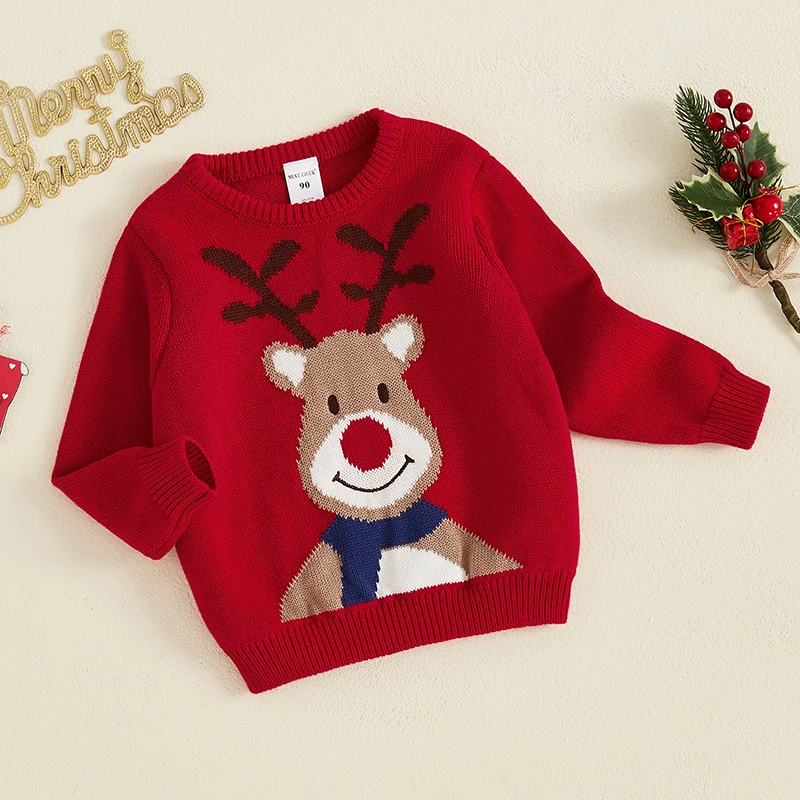 Toddler Boy Girl Knit Sweater Christmas Outfit Ugly Christmas Sweater Deer Print Crewneck Sweatshirt Warm Winter Clothes