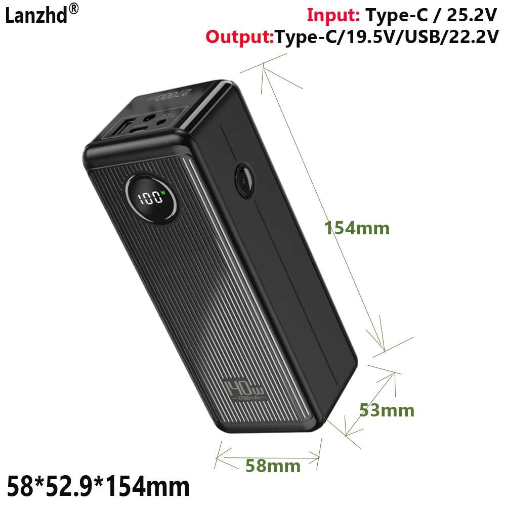 100% New 19V Portable Power Bank with 100W Power Output 19.5V/22.2V/24V/Type-C 5V/3C Certification 27000mAh 6S1P Battery Pack