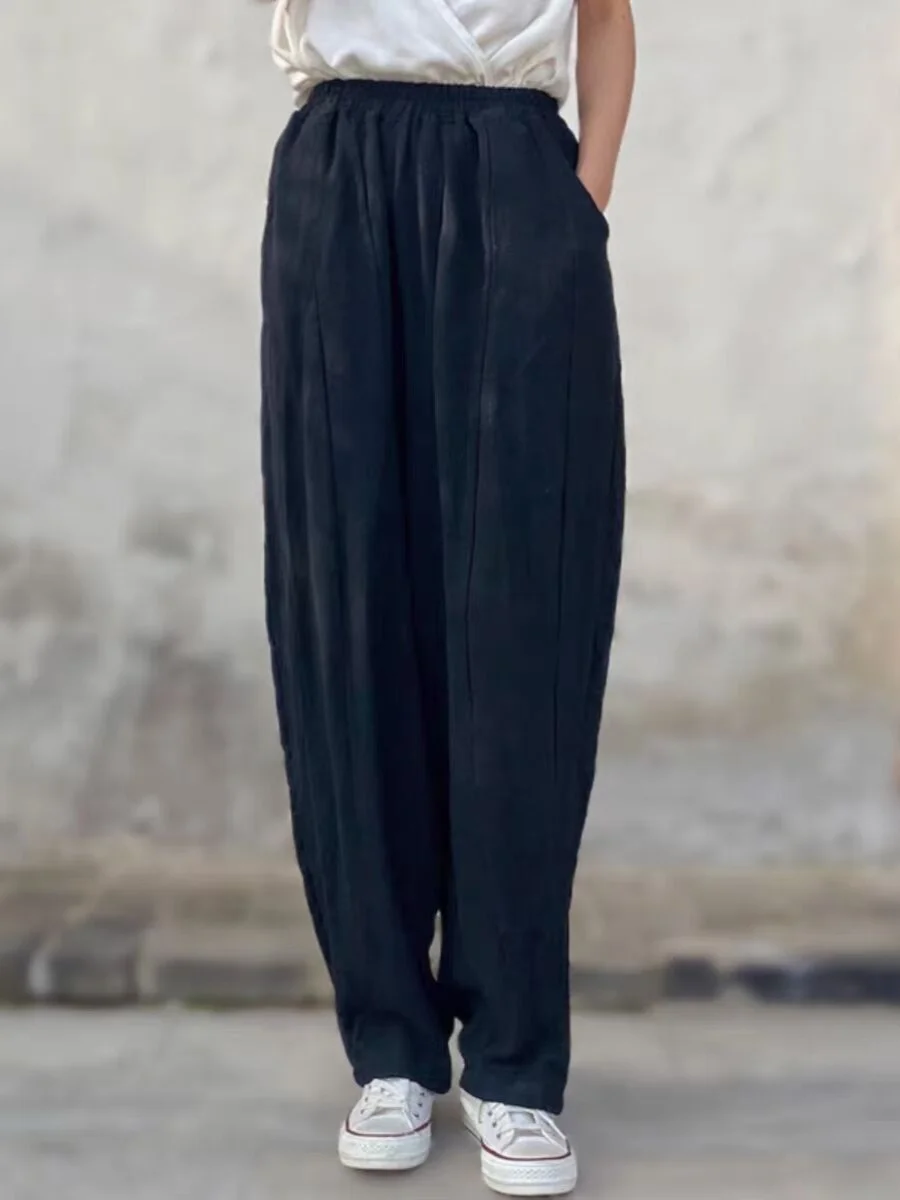 المرأة صيف 2025 جديد ريترو القنب فانوس السراويل فضفاضة واسعة الساق اليقطين السراويل القطن الكتان مريحة بناطيل كاجوال #3