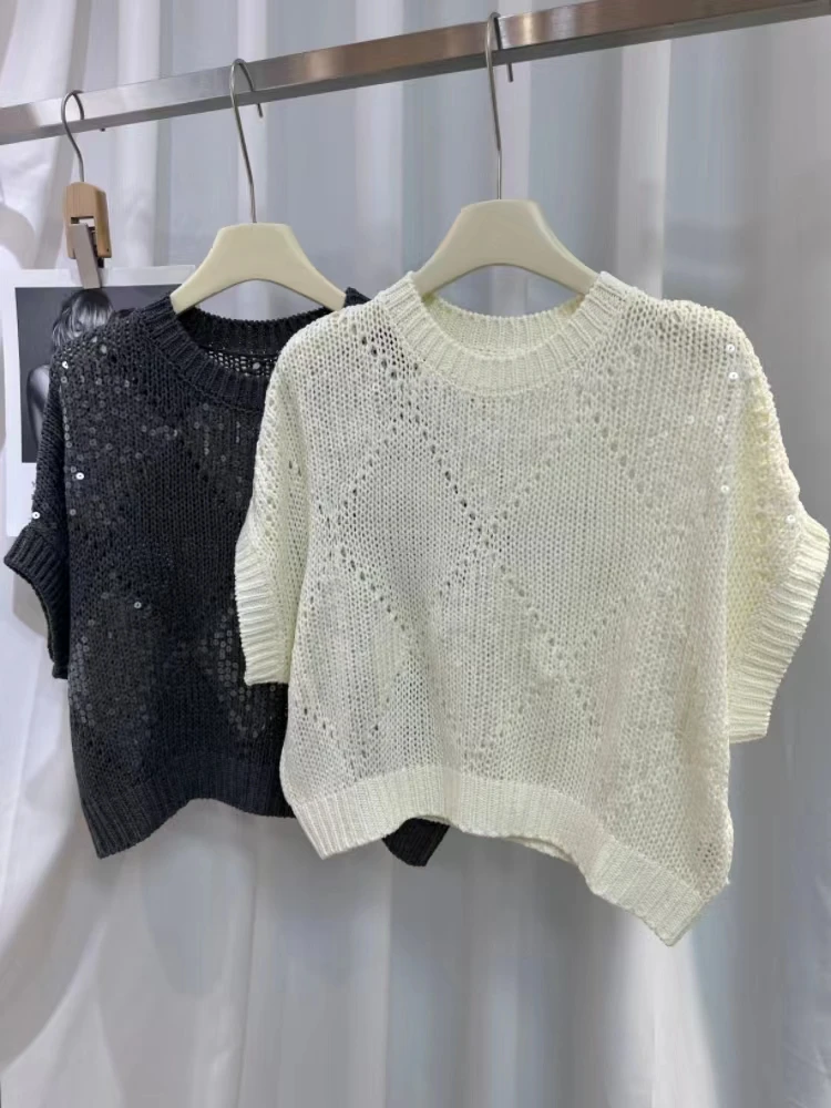 24 Women\'s New B // / C Diamond Sequins Skeleton Sleeveless Knit Sweater Women Loose Pullover Thin Section Tops