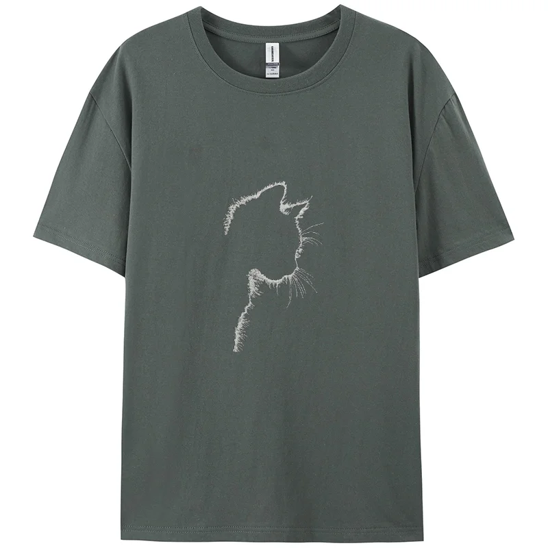 Hand Painted Cat Stick Figure Print 100% Cotton Women's T-Shirt Summer Loose High Quality Short Sleeve Casual Simple Top Tee