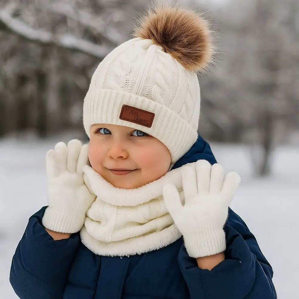 

3pcs/set Warm Ears Solid Color Baby Hat Scarf Gloves Set Comfortable Warmer Knitted Hats Cute Pompom Toddler Bonnet Outdoor