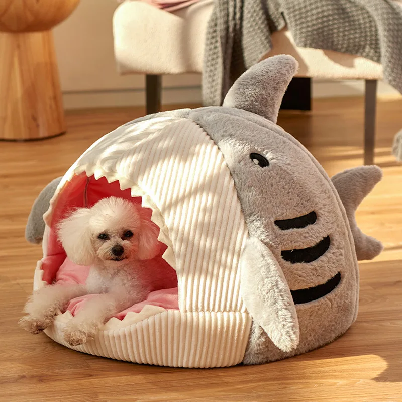 Cartoon Pet Semi Enclosed Cat and Dog Bed Big Mouth Shark Warm Kennel Pet Tent Comfortable Cave Soft and Washable Portable Nest