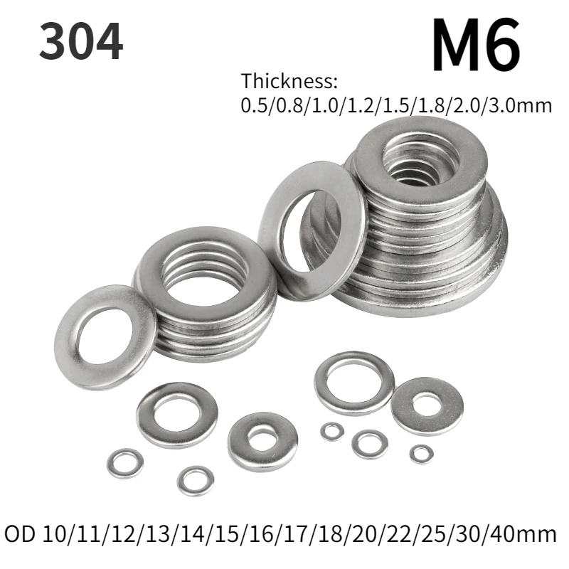 2-100pcs 304 Stainless Steel Flat Washers Plain Gasket Pad RingThickness.0.5/0.8/1.0/1.2/1.5/1.8/2.0/3.0mm M6 OD 10-40mm