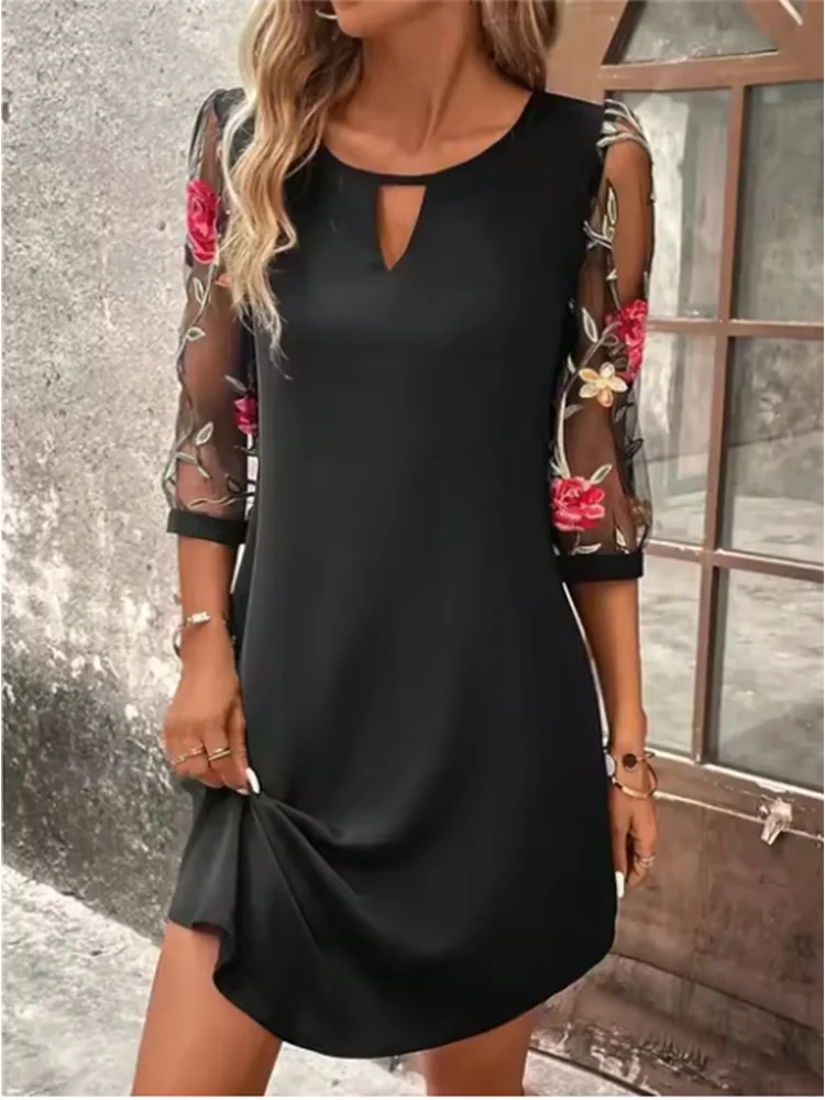 4 Solid Color Transparent Mid Sleeve Dress Women's Floral Printed Round Neck Dress Sexy Dating Party Dress