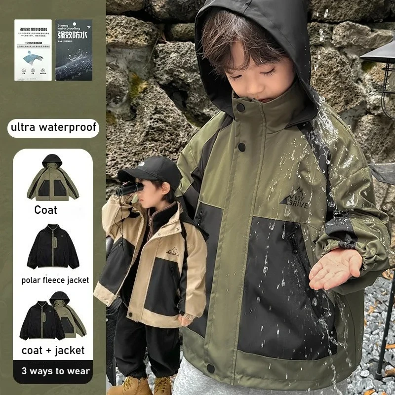 

Kids 3-in-1 Mountain Style Waterproof Jacket - Trendy Detachable Anti-Static Fleece Liner Hooded Windbreaker for Boys(110-170cm)