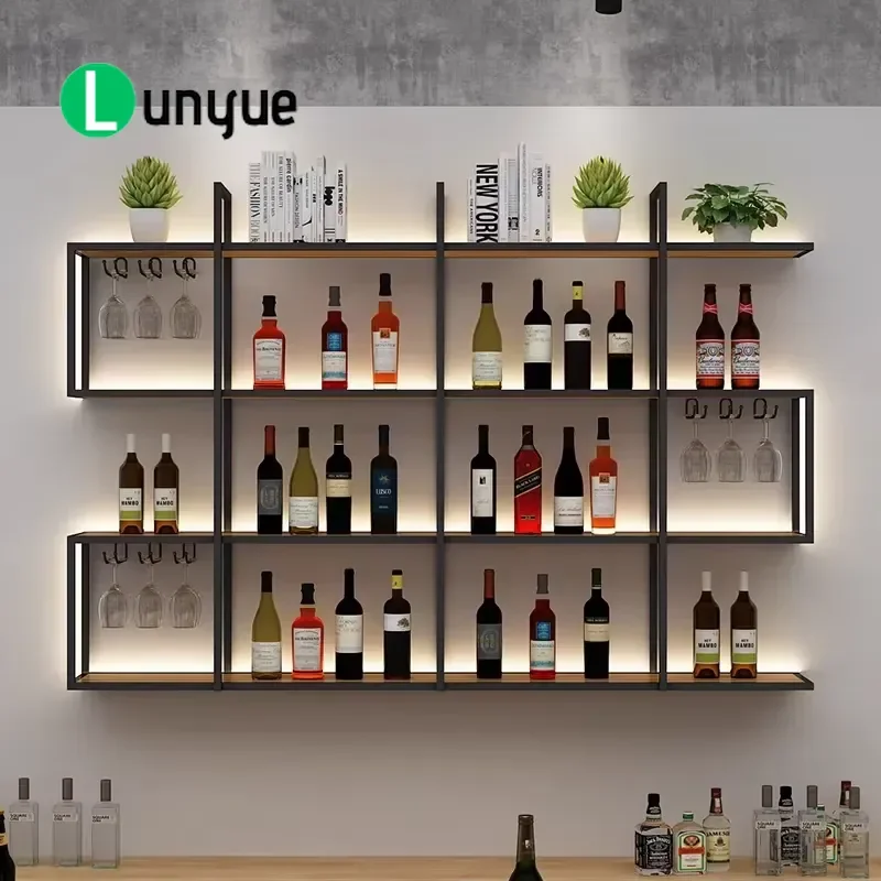 Modern Wrought Iron Wall Mounted Wine Rack with Creative Lighting Eco Friendly Bar Display Shelf Holds 30-39 Bottles 10-24