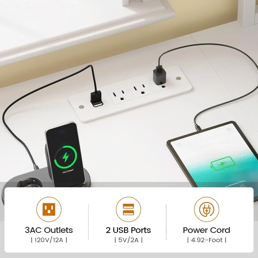 Meja gaming berbentuk L, meja komputer untuk kantor rumah dengan 2 laci dan rak buku, meja sudut gaming berbentuk L dengan lampu LED