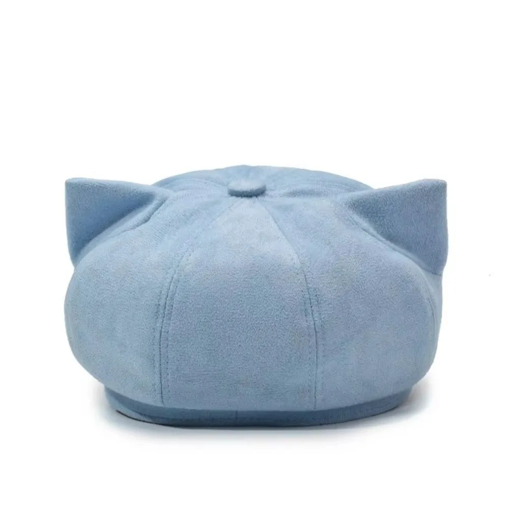New Solid Color Cat Ear Beret Adjustable Warm Lining Newsboy Cap Soft Material Octagonal Hat Women