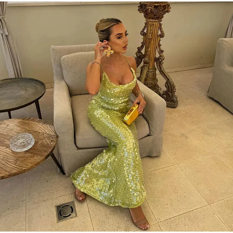 Sparkling Green Sequins Backless Women Sexy Maxi Evening Party Dress Spaghetti Straps Bodycon Clubwear Long Robe Birthday Outfit