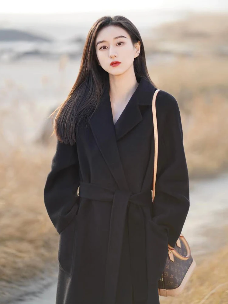 

Двустороннее шерстяное пальто-халат для женщин, осень-зима 2025, новая корейская модель, приталенное, из шерсти, верхняя одежда