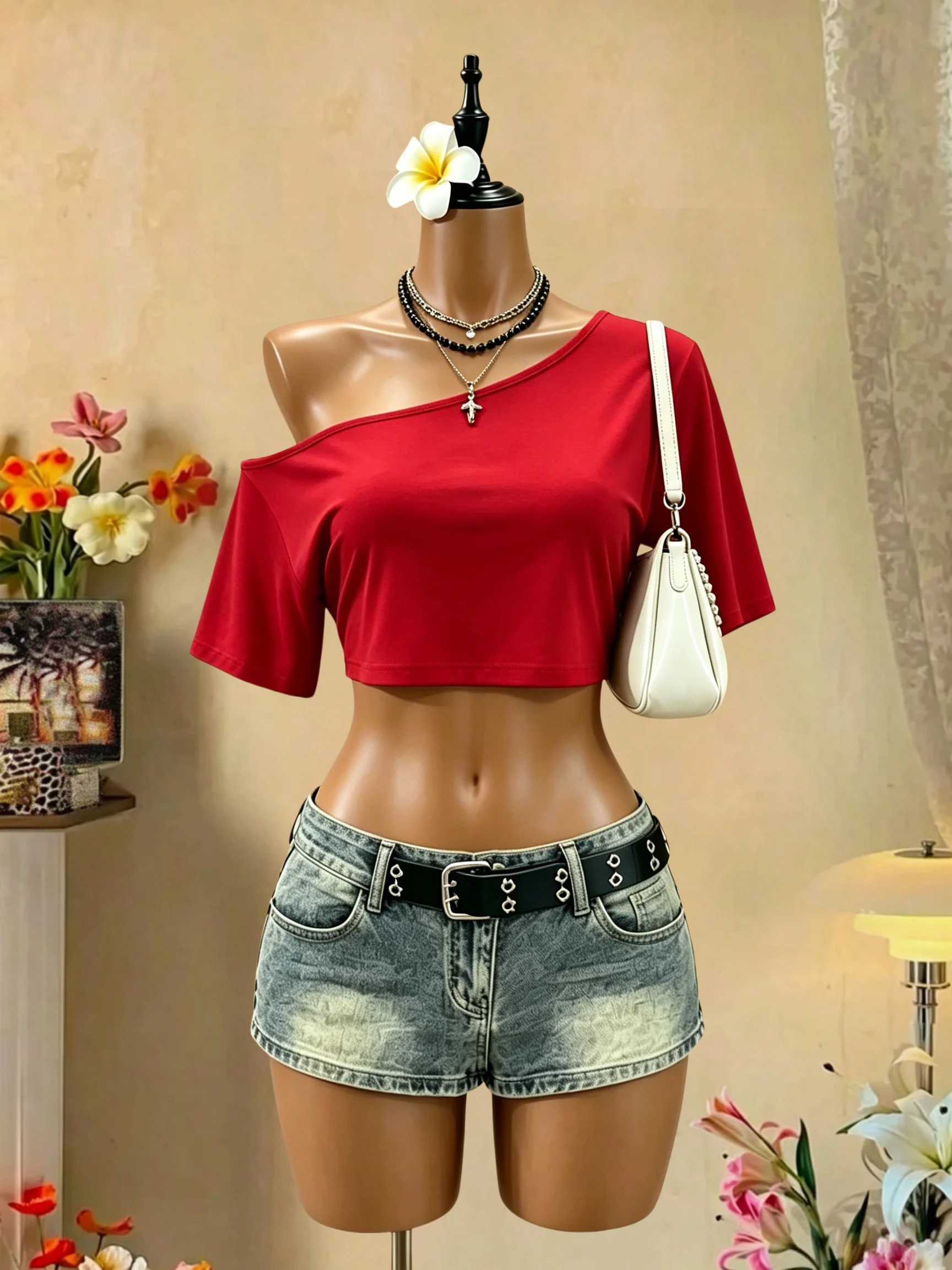 Women One Shoulder Short Sleeve Crop Top Asymmetrical Neck High Stretch Soft Lightweight Fabric Loose Fit Y2K Daily Going Out Ca