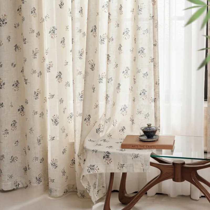 Cotton-like printed curtains Half-shade hanging rod curtain without holes for semi-transparent door curtain
