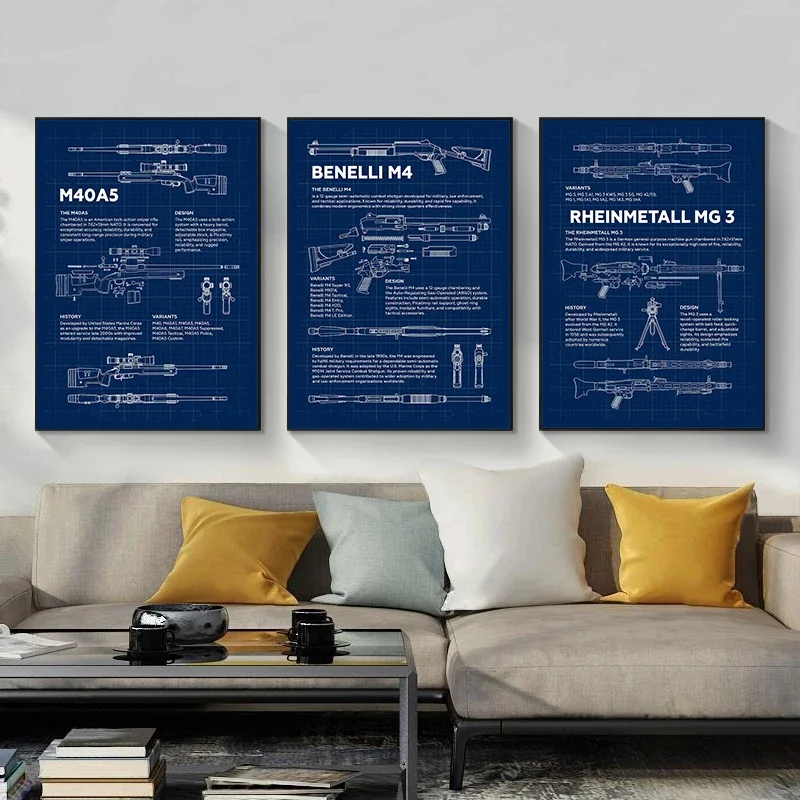 1pc frameless canvas painting Classic Equipment Gun Mechanical Structure Blueprint Poster Military Office Prints Canvas Painting