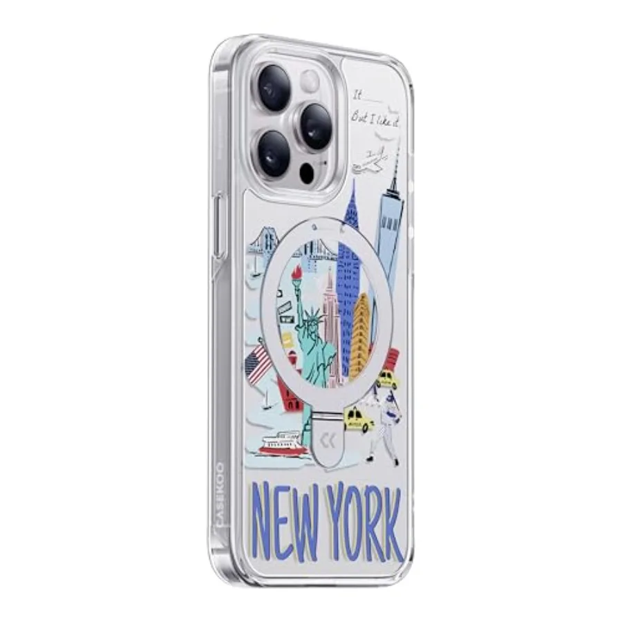 Pannello posteriore trasparente con serie Landmark Building City Memory per custodia New York Phone 14 Pro con supporto ad anello magnetico Milita