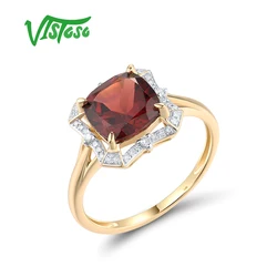 VISTOSO Pure 14K 585 Yellow Gold Ring For Women Sparkling Garnet Diamond Solitaire Gorgeous Wedding Anniversary Fine Jewelry