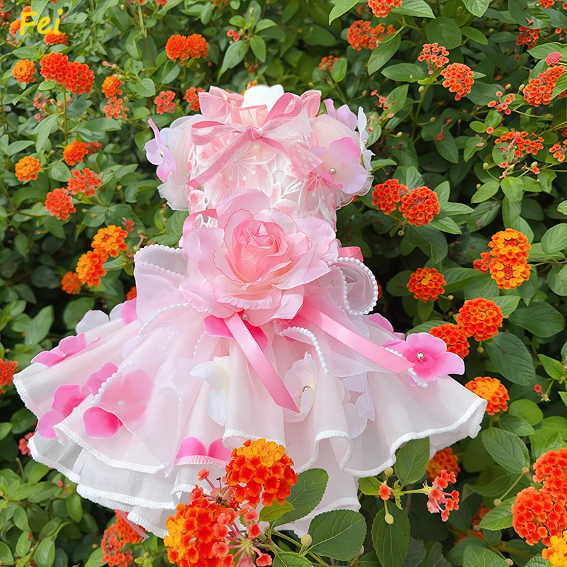 Luxury Summer Handmade Hollow Lace Dog Dress with Pink Flower Bow Princess Outfit for Small Dogs Wedding Photoshoot