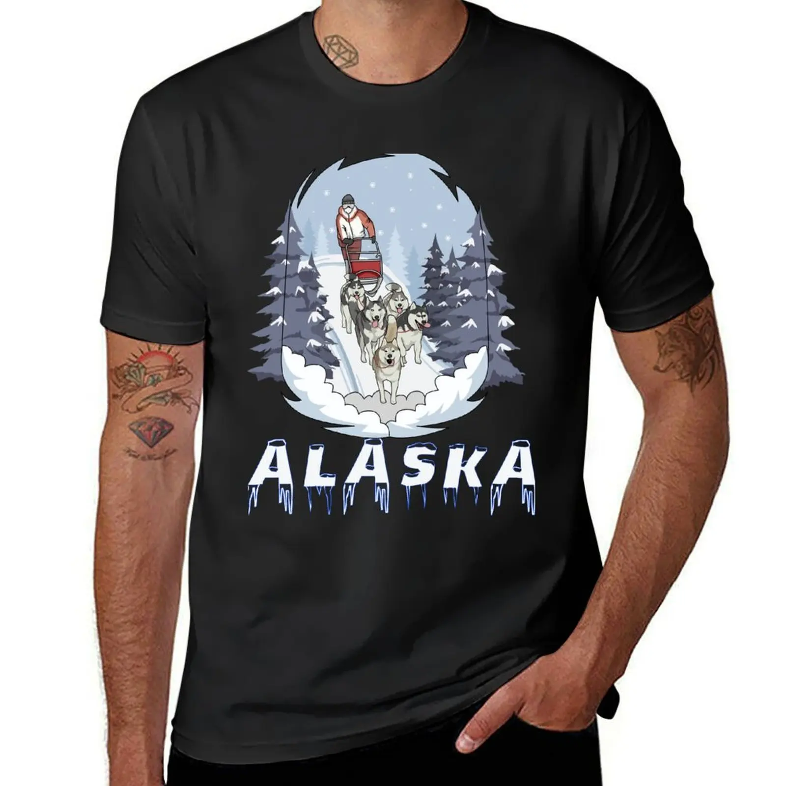 Alaska Sled Dogs Mushing Team Snow Sledding Mountain Scene T-Shirt plus size tops fruit of the loom mens t shirts