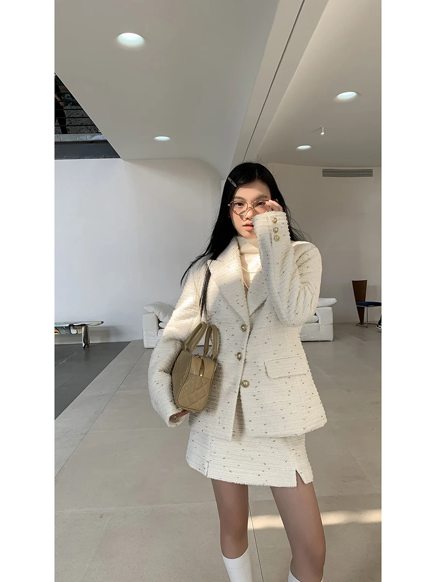 سترة نسائية مبطنة على طراز المشاهير باللون الأحمر لفصلي الخريف والشتاء، بدلة من قطعتين، معطف أنيق للتنقل اليومي بلون واحد، مص...