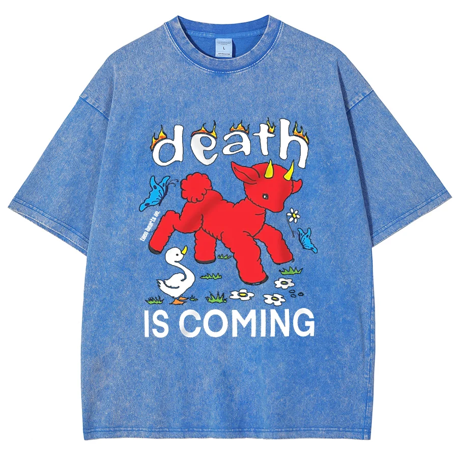 Y2K Washed T Shirt For Men, Hip Hop Death Is Coming Graphic Print Oversized Tshirt For Unisex ,Harajuku Short Sleeved Streetwear