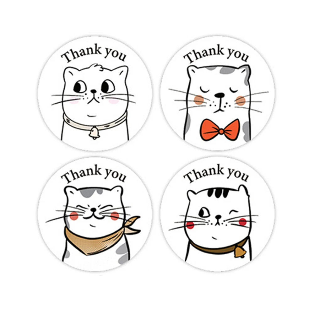 500pcs/roll Thank You Cat Stickers Cute Cartoon Animal Stickers Kids Gift Party Birthday Packaging Sealing Baking Business Label