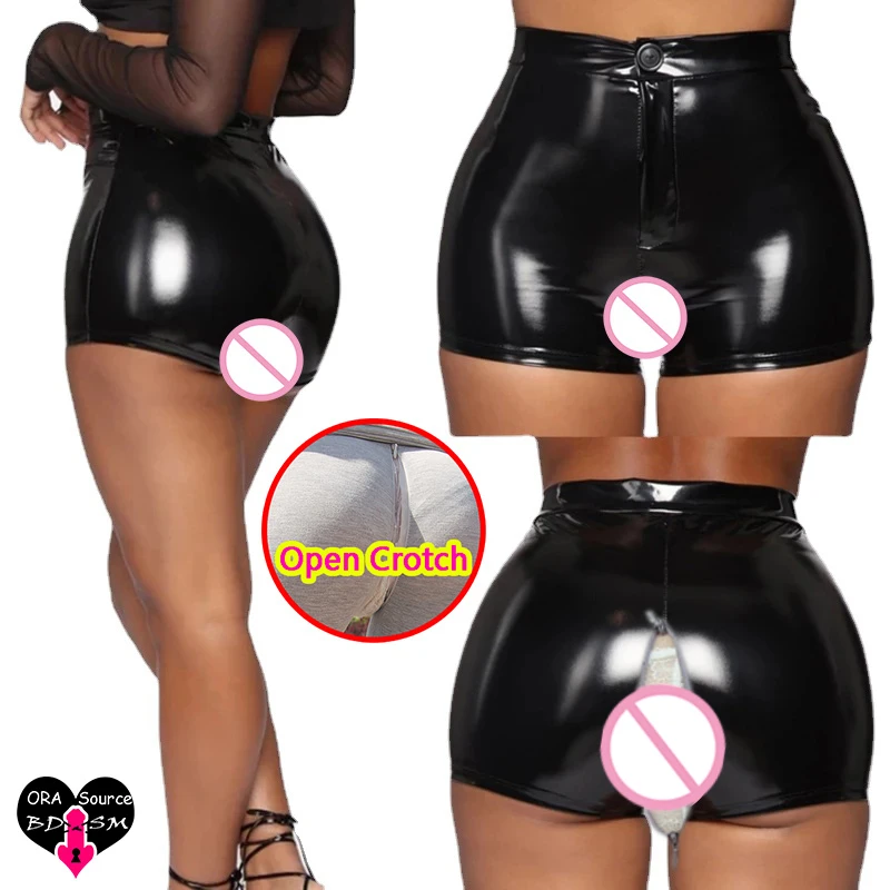 Frauen Flash Leder Mini-Hose mit offenem Schritt drücken enge sexy Schritt lose Shorts mit verstecktem Reiß verschluss heißen erotischen Latex mit